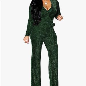 Sexy V- Neck Green Long Sleeve High Waist Sparkly with Belt Jumpsuit